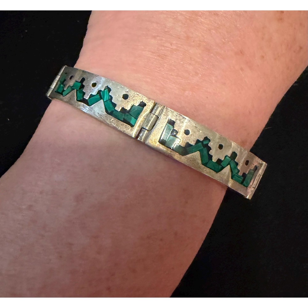 Taxco Mexico Sterling Silver & Malachite Bracelet 40 grams